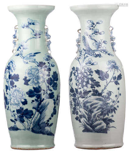 Two Chinese celadon ground blue and white vases, decorated with a bird an a flower branch, H 61 - 61,5 cm