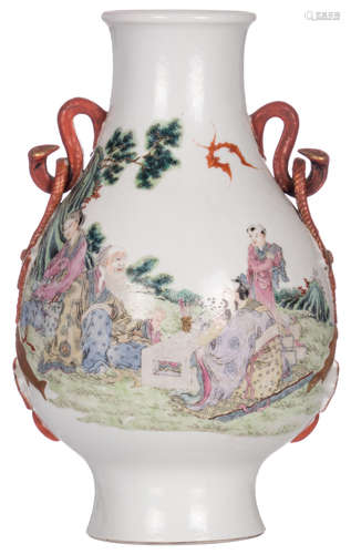 A famille rose Hu vase, overall decorated with animated scenes, the handles ruyi-shaped with auspicious symbols, with a Qianlong mark, 19thC, H 38 cm