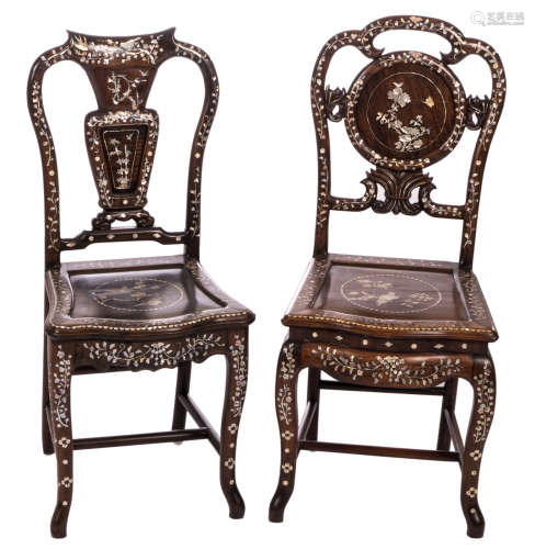 Two Chinese carved hardwood chairs, mother of pearl inlay with flower branches, birds and a butterfly, H 93,5 - W 42 cm