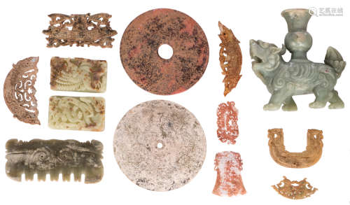 Ten various items, two Bi disks and an incense burner, jade / other stones, 19th - 20thC, H 4 - 18,5 - W 8 - 18 cm