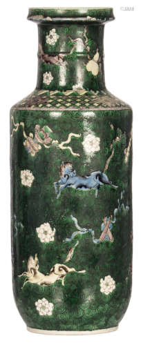 A Chinese green ground rouleau shaped vase, overall polychrome decorated with horses, flowers, and auspicious symbols, 19thC, H 47 cm