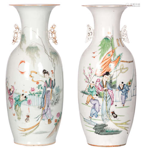 Two Chinese polychrome decorated vases with a lady and playing children in a garden and calligraphic texts, H 56 cm