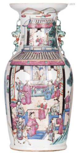 A Chinese famille rose vase, overall decorated with court scenes, H 46 cm