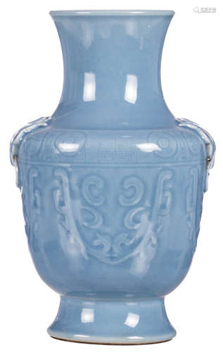 A Chinese light blue monochrome begonia shaped vase, with a Qianlong mark, H 33 cm