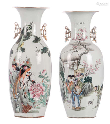 Two Chinese famille rose vases, one vase decorated with an animated scene and calligraphic texts and one vase with birds on flower branches and calligraphic texts, H 57-59 cm