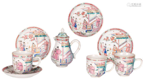 Three Chinese famille rose cups, four ditto saucers and one ditto jar and cover, decorated with garden scenes, 18thC, H 6,5 - 13 - ø 11,5 cm