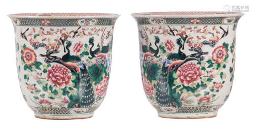 A pair of Chinese famille verte jardinières, overall decorated with phoenixes and peacocks on flower branches, 19thC, H 36 - ø 39,5 cm