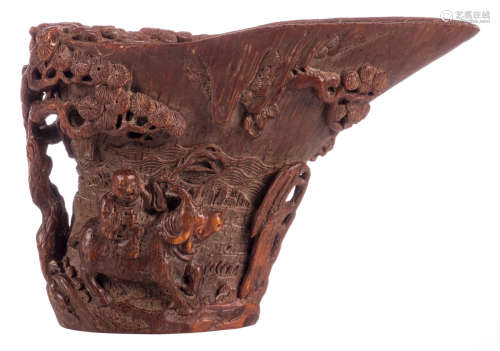 So-called Chinese libation cup in sculpted bamboo depicting Lao Tse in a landscape, H 9,5 - W 15 cm