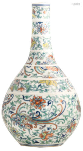 A Chinese bottle shaped vase, doucai decor, marked, 19thC, H 42 cm