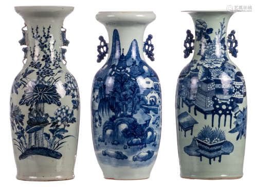 Three Chinese celadon ground blue and white decorated vases with flower branches, a landscape and antiquities, H 57 - 58,5 cm