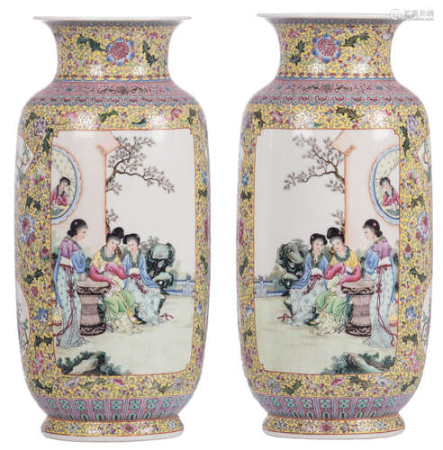 A pair of Chinese yellow ground famille rose floral decorated cylindrical vases, the roundels with gallant scenes, marked, H 50 cm