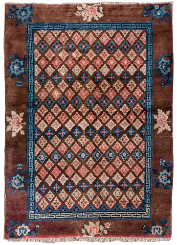 A Chinese rug, decorated with flowers, flower branches and a meandering frieze, wool on cotton, 164,5 x 227,5 cm