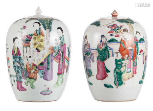 Two Chinese famille rose and polychrome decorated ginger jars and covers, one jar with court ladies and children on a terrace and one jar with immortals, 19th - 20thC, H 30 - 31,5 cm