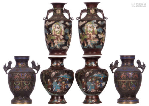 Three pairs of Chinese champlevé and relief decorated vases with animated scenes and floral motives, marked, about 1900, H 33,5 - 38 cm