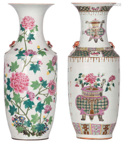 Two Chinese famille rose vases, one decorated with flower branches and calligraphic texts and one decorated with flower baskets and calligraphic texts, H 58 cm