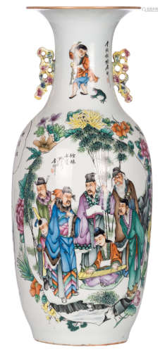 A Chinese polychrome vase decorated with literati, flower branches and calligraphic texts, signed, H 58,5 cm