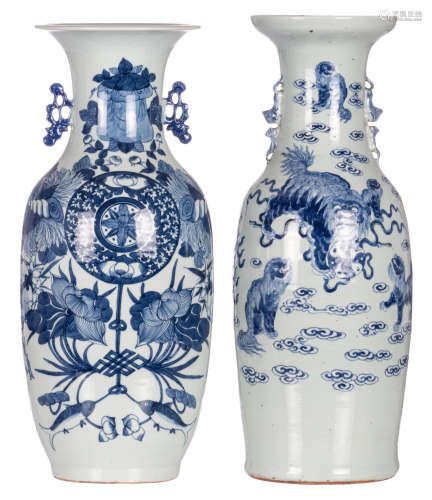 Two Chinese blue and white decorated vases, one vase with kylins and one vase with flowers and auspicious symbols, 19thC, H 58,5 - 60 cm
