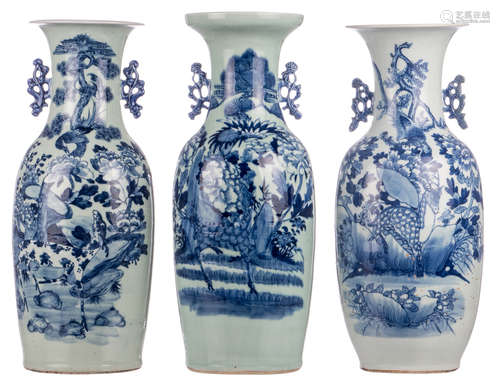 Three Chinese celadon ground blue and white decorated vases with a bird on a flower branch and a deer, H 58 - 60 cm