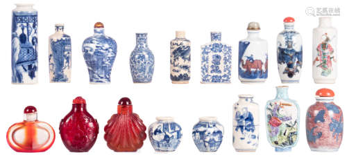 Fourteen Chinese blue and white, famille rose and polychrome decorated snuff bottles and miniature vases, some marked, 18th, 19th and 20thC; added three Chinese glass snuff bottles, H 4 - 9,5 cm