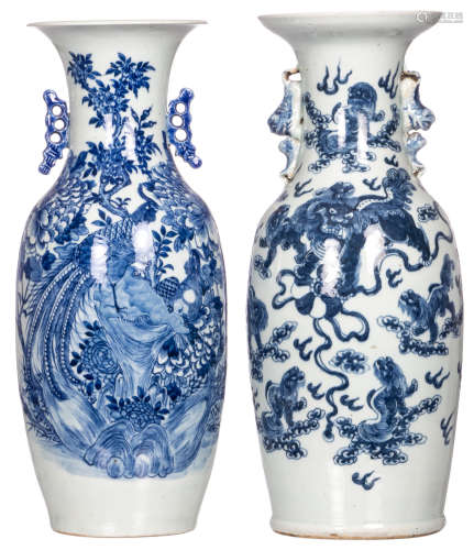 Two Chinese blue and white celadon vases, one decorated with kylins and one with birds on flower branches, H 59 cm