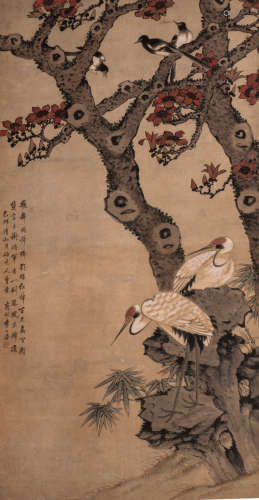 A Chinese scroll depicting cranes and magpies in a landscape, 94,2 x 180,2 (without mount) - 106,5 x 268,5 cm (with mount)
