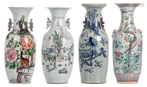 Three Chinese famille rose and polychrome decorated vases with various animals, figures and calligraphic texts; added a Chinese celadon ground blue and white decorated vase with a phoenix and a Fu lion, H 57 - 60 cm