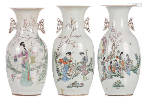 Three Chinese famille rose vases, decorated with gallant scenes and calligraphic texts, H 42,5 - 43,5 cm