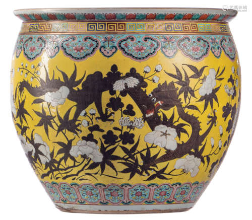 A Chinese yellow ground fish bowl, overall polychrome decorated with dragons and flower branches, 19thC, H 45,5 - ø 51,5 cm