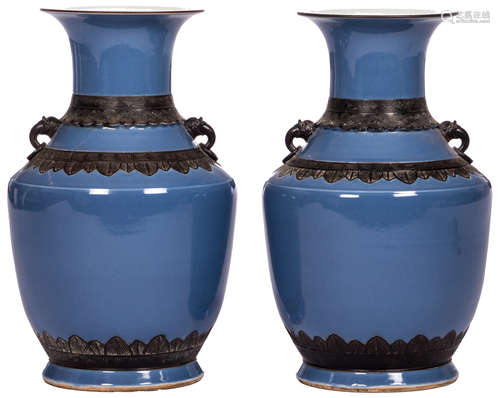 A pair of Chinese blue ground relief decorated vases, H 65 cm