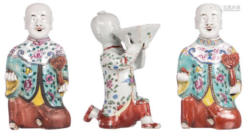 Three Chinese polychrome decorated incense burners depicting seated figures, H 16 - 17,5 cm