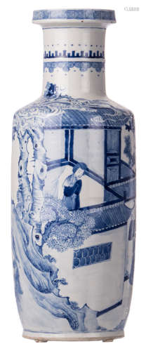 A Chinese overall blue and white rouleau shaped vase, decorated with an animated scene, H 46 cm