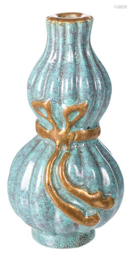 A lobed little vase with robin's egg ground and gold glaze in the shape of a knotted ribbon, H 11 cm