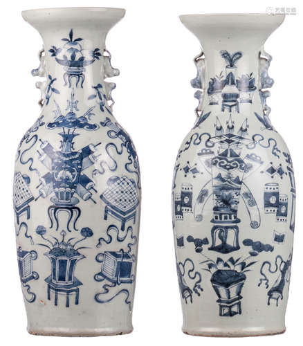 Two Chinese celadon ground blue and white decorated vases with antiquities, H 58 - 59,5 cm