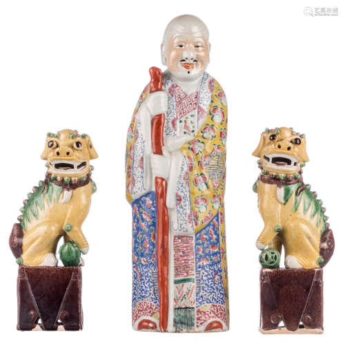 A Chinese famille rose Shou Xing figure, marked; added a pair of Chinese sancai temple guards, H 30 - 47 cm