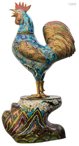 A Chinese cloisonné enameled sculpture of the Qianlong type depicting a rooster in a landscape, the chest decorated with a Taotie, second half of the 19thC, H 95 cm