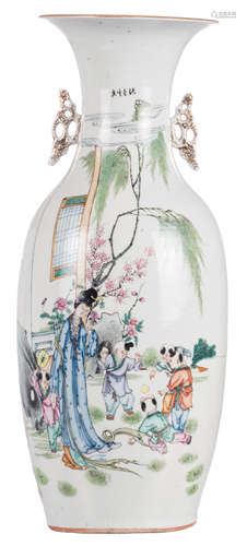 A Chinese famille rose vase decorated with a lady and playing children in a garden and calligraphic texts, H 59,5 cm