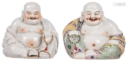 Two Chinese polychrome decorated Budai, marked, H 21,5 cm