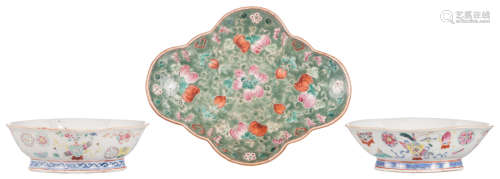 Three Chinese famille rose plates, floral decorated with auspicious symbols, two with a Tongzhi mark and one with a Qianlong mark, 19thC, H 6 - W 19,5 - 28 cm