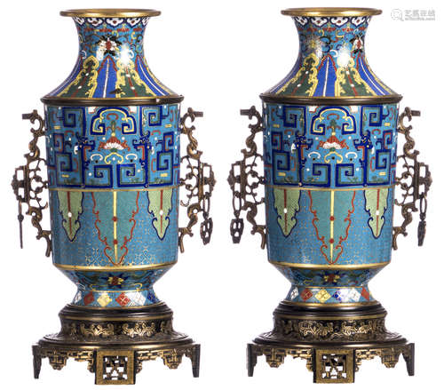 A pair of late 19thC Chinese cloisonné enamel vases with bronze mounts, H 32,5 cm