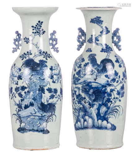 Two Chinese celadon blue and white vases, decorated with cockerels and flower branches, H 59 cm