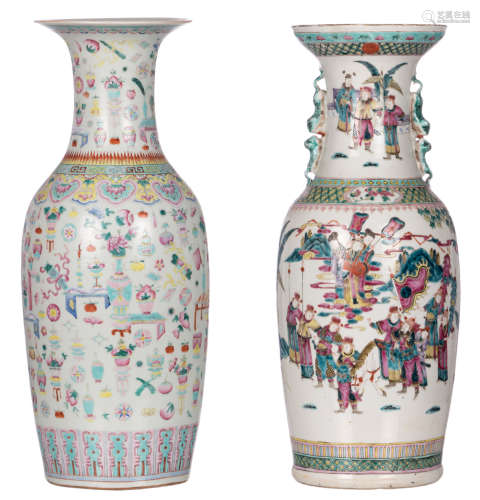 Two Chinese famille rose vases, one overall decorated with animated scenes and one with 'hundred antiquities', H 58 cm