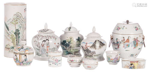 A lot various Chinese famille rose porcelain, decorated with figures, landscapes and calligraphic texts, some marked, 19th and 20thC, H 4,5 - 29 cm