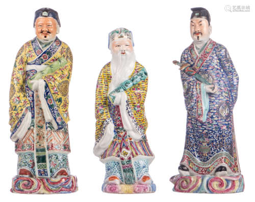Three Chinese polychrome decorated sculptures depicting deities, H 31 - 35,5 cm