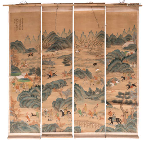 A Chinese scroll depicting Mongolian riders and travellers in a mountainous landscape, 19thC, the total out of four scrolls with a perfect match, total measures 175 x 176 (without mount) - 181 x 195,5 cm (with mount)