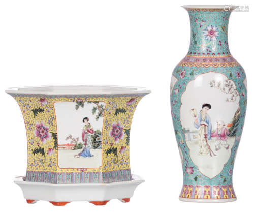A Chinese yellow ground and famille rose floral decorated octagonal jardinière with a matching plate, the roundels with gallant scenes, with a Qianlong mark, H 19,5 cm; added a ditto baluster shaped turquoise ground vase, H 34,5 cm