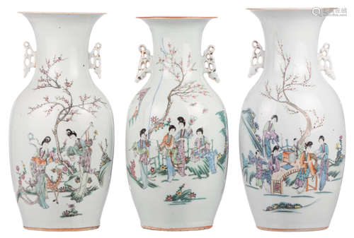 Three Chinese famille rose vases, decorated with gallant scenes and calligraphic texts, H 42 - 43,5 cm