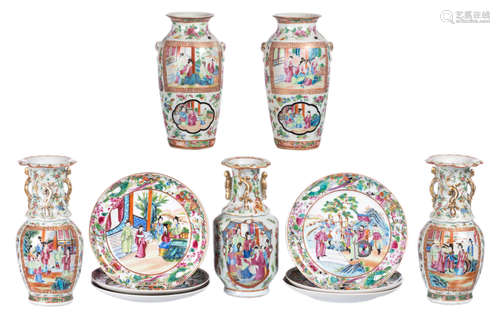 Five Chinese Canton famille rose floral decorated vases, the roundels with court scenes, H 25 cm; added six ditto dishes, ø 20 cm