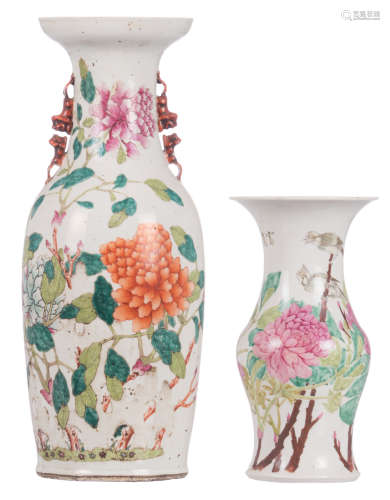 A Chinese famille rose vase, decorated with flower branches and a butterfly, 19thC; added a famille rose yenyen vase, decorated with birds on flower branches, signed, H 37,5 - 61,5 cm