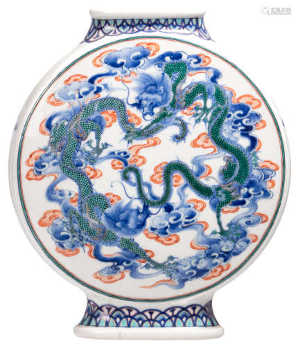 A Chinese moon flask polychrome decorated with dragons and a phoenix, marked, H 31 cm