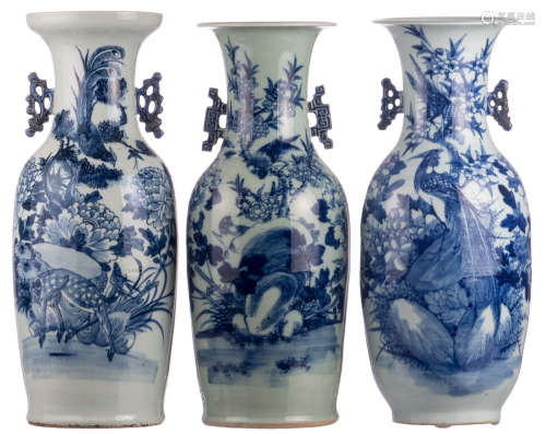 Three Chinese celadon ground blue and white decorated vases with birds on flower branches, H 57 - 58 cm